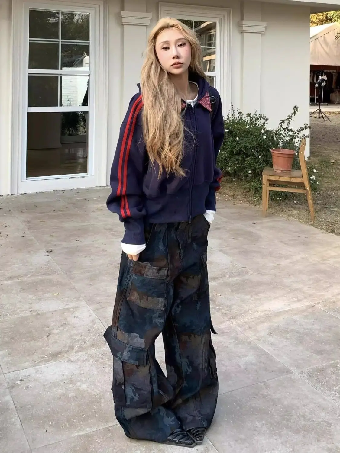 Jeans da lavoro multitasche con giunture mimetiche di nuovo stile da strada retrò per donna Pantaloni casual larghi dritti a gamba larga americani