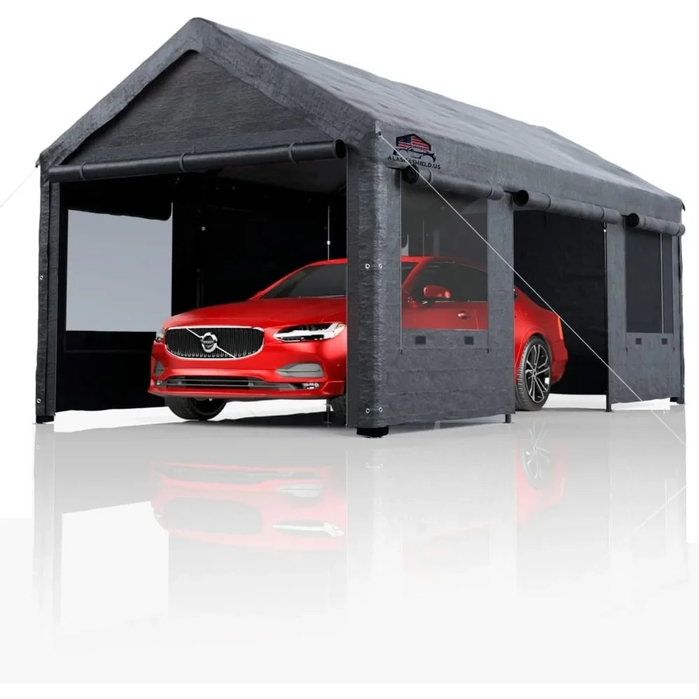 Carport 10'x 20' | Reinforced Heavy Duty Car Port | Height Adjustable Metal Tent  All Season PE Tarp Canopy  Portable Garage