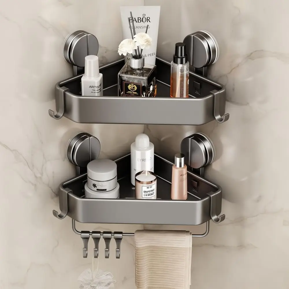 

Suction Cup Shower Caddy, 2 Pack Suction Shower Shelves No Drilling, Shower Organizer Suction Cup with Towel Holder & Hooks Remo