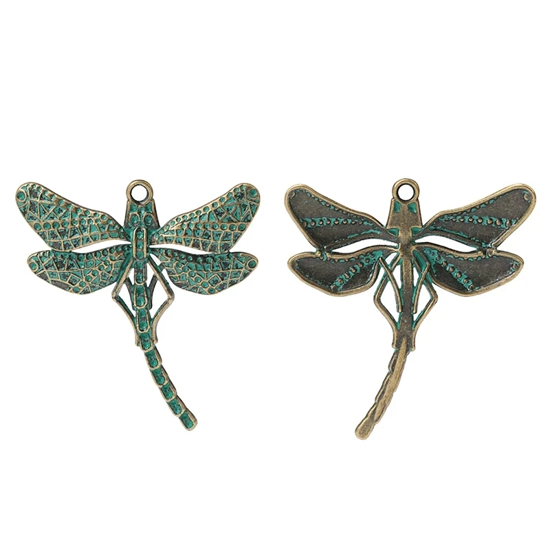 2pcs Large Green/Gold Color Dragonfly Charms Carved Insect Charms Pendants for Necklace Bracelet Jewelry Making Accessories