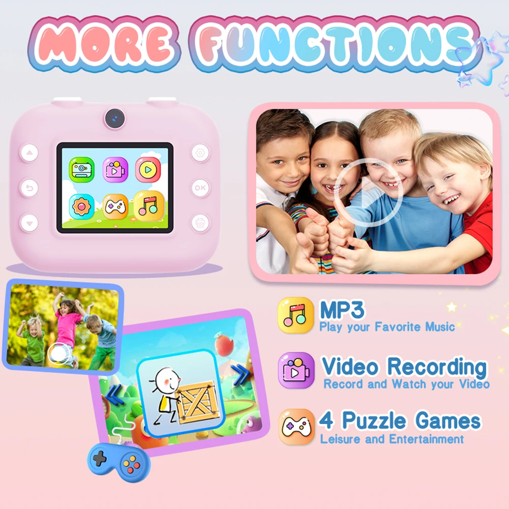 กล้องถ่ายรูปพิมพ์ภาพทันทีขนาดเล็กสำหรับเด็ก หน้าจอ 2.4 นิ้ว กล้องดิจิตอลเด็ก HD วิดีโอ 1080P ของขวัญคริสต์มาส วันเกิด สำหรับเด็กหญิง เด็กชาย อายุ 3-12 ปี