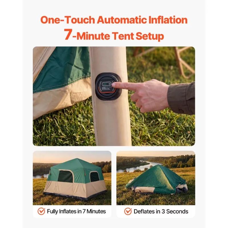 6-Person inflatable hut tent with rechargeable pump, TPU trachea, 4 mesh windows, portable and easy to set up