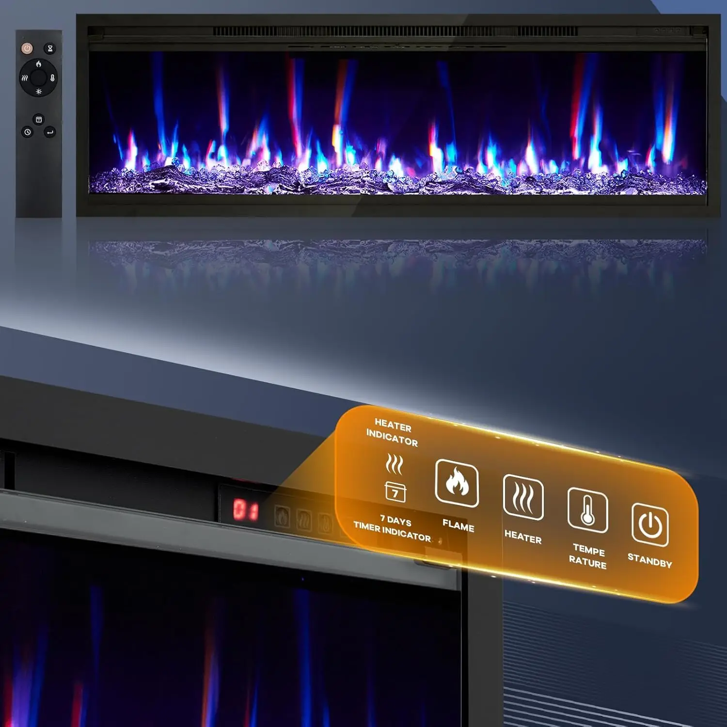 42/50/60/68 in Electric Fireplace Logs Inserts, 750/1500W Wall Mounted, Recessed Fireplace Heater, with Remote Control, Adjustable Flame Color & Brightness, 9H Timer, Ultra-Thin Linear Design