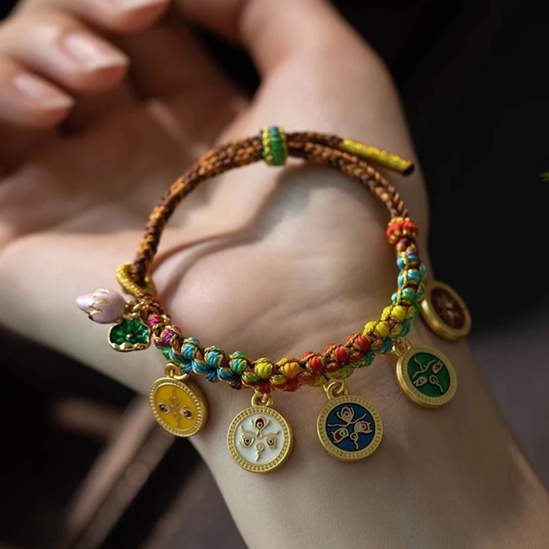 Adjustable Rope Bracelet Colorful Hand Woven Handchain Stylish Five Way God of Wealth Bangle Peach Blossom Knot Jewelry