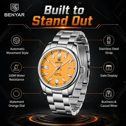 BENYAR Sports Men Mechanical Wristwatches Stainless Steel Automatic Watches Top Brand Luxury 10Bar Waterproof Watch for Men