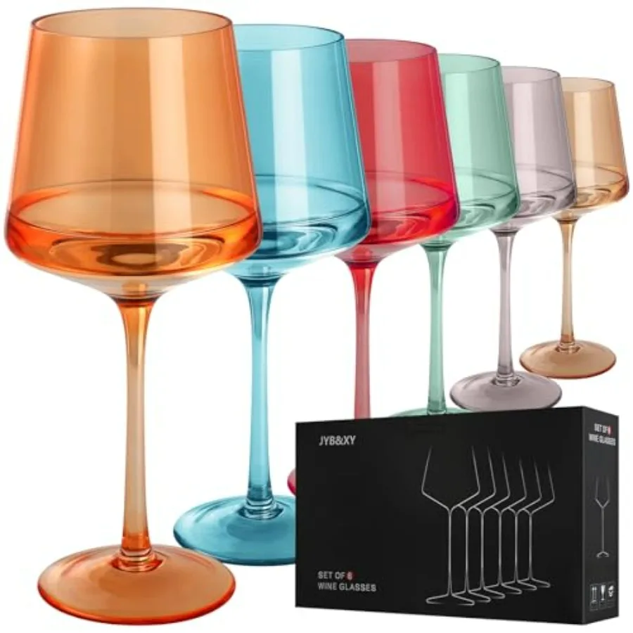 Colorful HandBlown Crystal Wine Glasses Set of 6 19oz with Unique Long Stem for Elegant Dinner Parties Wedding Anniversary Chri