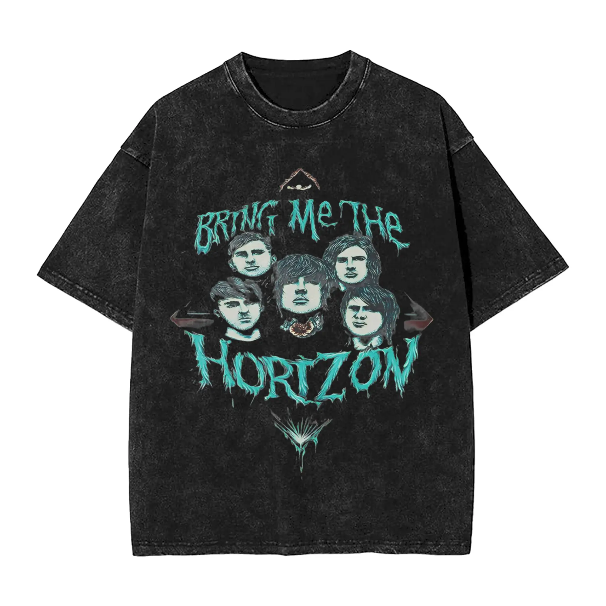 BMTH Bring Me The Horizon T-Shirts for Men Pure Cotton Washed T Shirt British Rock Band Short Sleeve Tees Plus Size Clothing