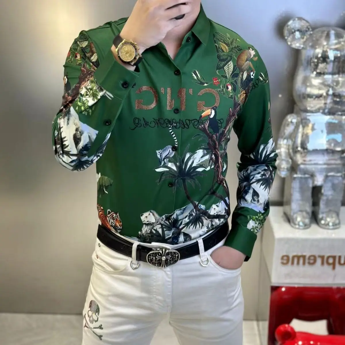 Spring Autumn Thin Long Sleeve Blouse Buttons Tops Fashion Printing Shirts Turn-down Collar Man Straight Interior Lapping Shirts