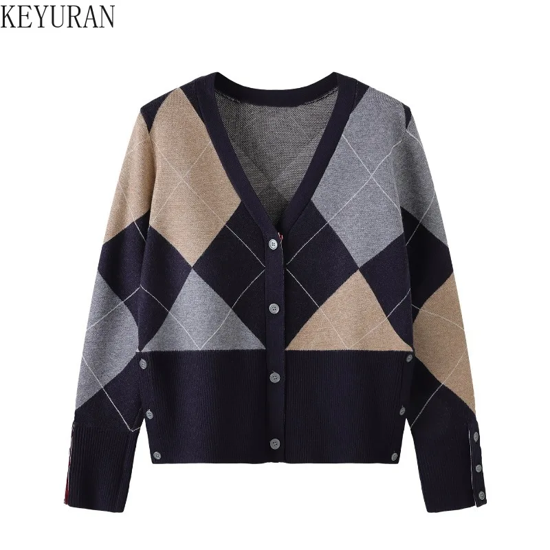 Coreano argyle malha cardigan feminino 2025 primavera outono nova manga longa em torno do pescoço solto camisola jaqueta versátil malhas topos