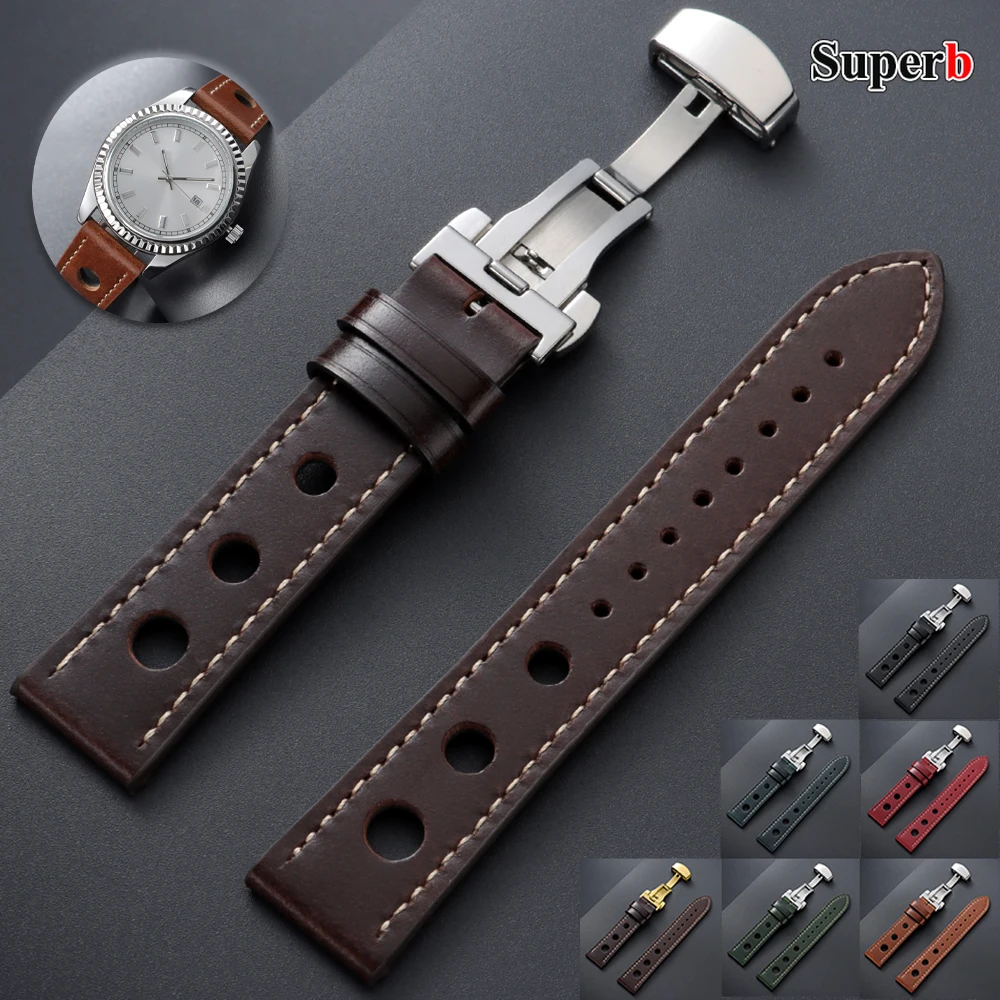 

Genuine Cowhide Watchband for Omega Business Watch Band for Seiko 20mm 22mm Butterfly Buckle Stitching Brown Strap for Men Women
