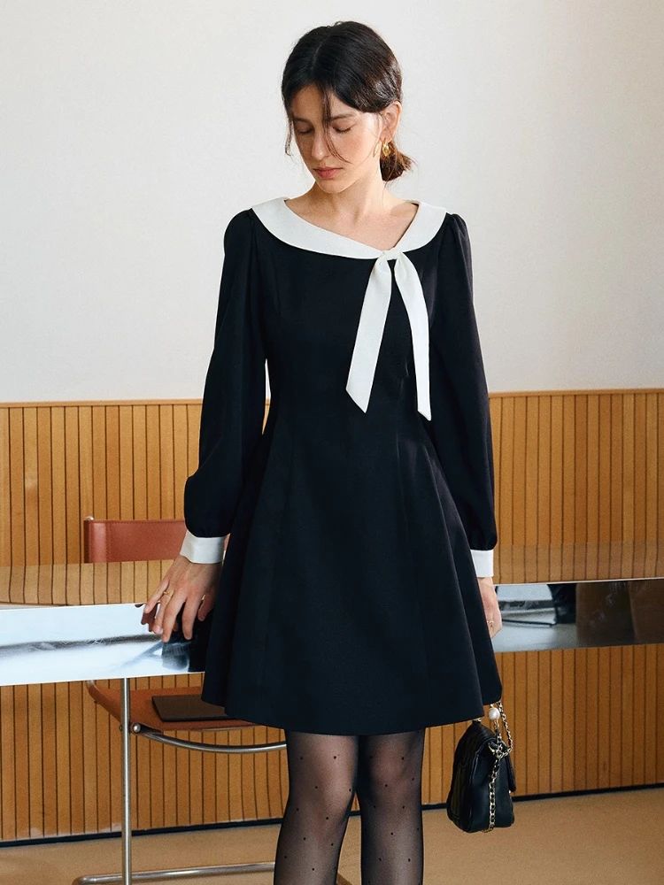 

OLrain French Elegant Dress for Woman 2025 Autumn Lantern Sleeve Contrasting Mini Dress Vintage X-line Dress Female O57QL001098