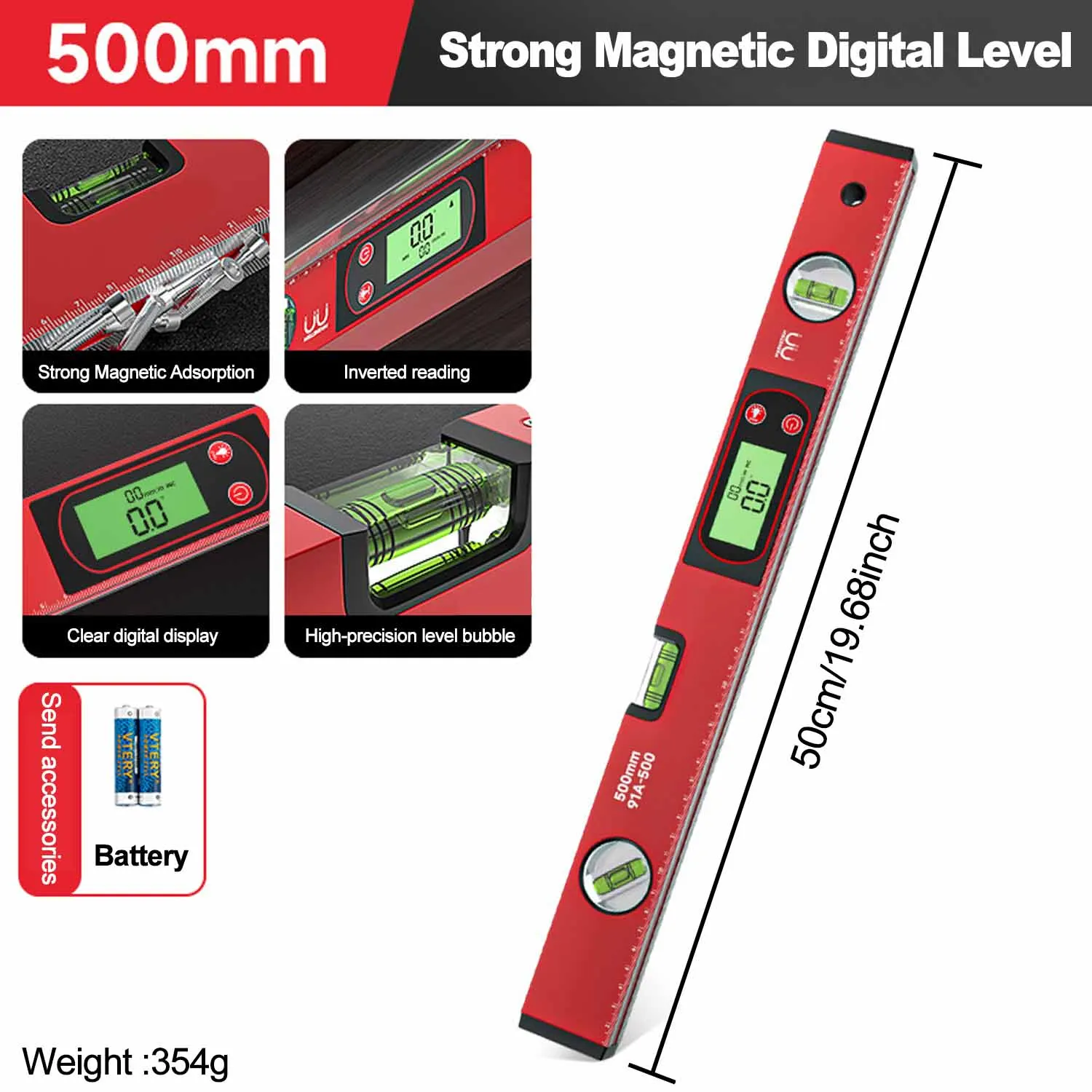 30/40/50 cm Elektronische Digitale Display Niveau Heerser Magnetische Hoekmeter Aluminium Niveau Gradenboog Inclinometer 90 graden