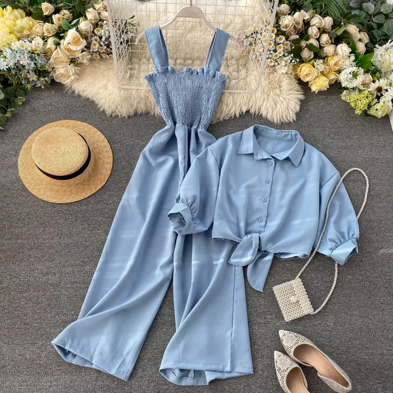 Ropmers Set Women Two Piece Sets Sling One Piece Wide Leg Pants Overalls Matching Sets Shirt Tops Long Pant High Waist Elegant