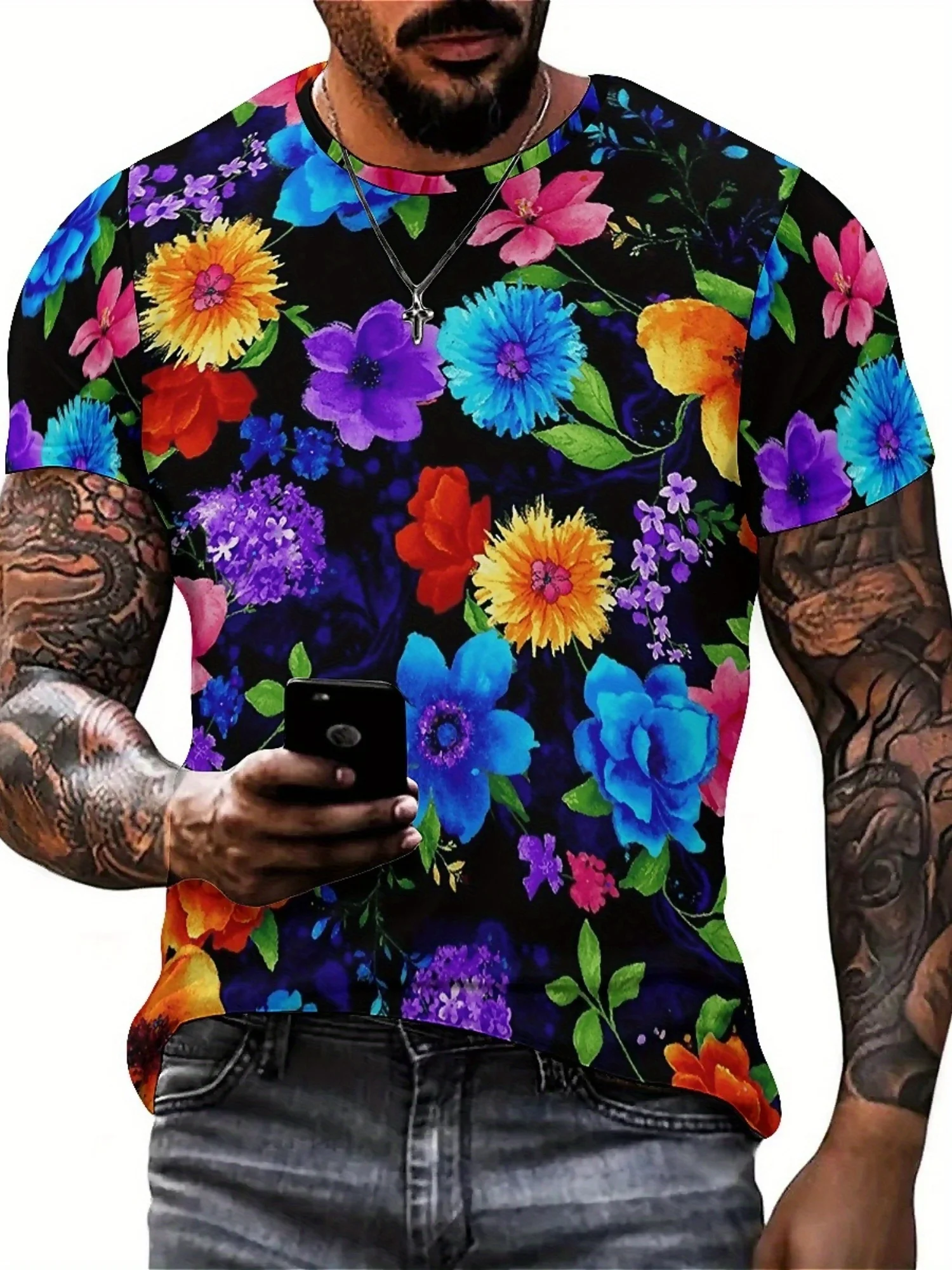 تي شيرت رجالي بأكمام قصيرة مطبوع عليه زهور نابضة بالحياة، نسيج بوليستر ناعم وقابل للتمدد للارتداء الكاجوال والعطلات والرياضة