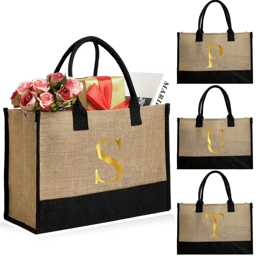 Borsa per la spesa di grande capacità Borsa tote in lino impermeabile Borsa in iuta per donna Borsa shopper con stampa serie di lettere