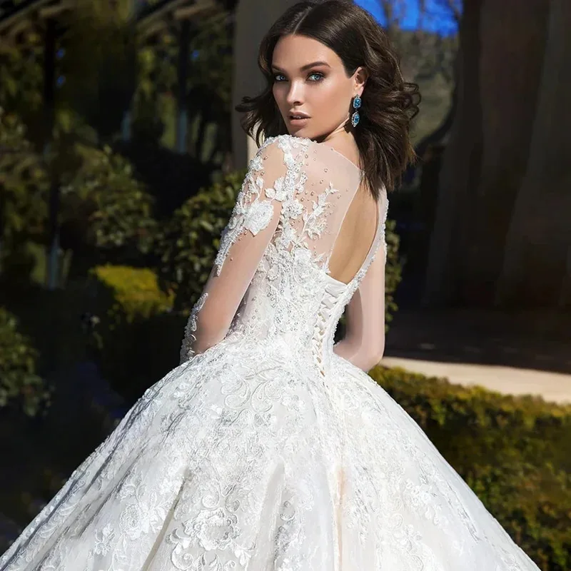 Maßgeschneiderte Ashley Carol Brautkleider 2025, langärmelig, Brautkleid, Kristallspitze, Applikationen, U-Ausschnitt, Brautkleid, Vestido De Novia
