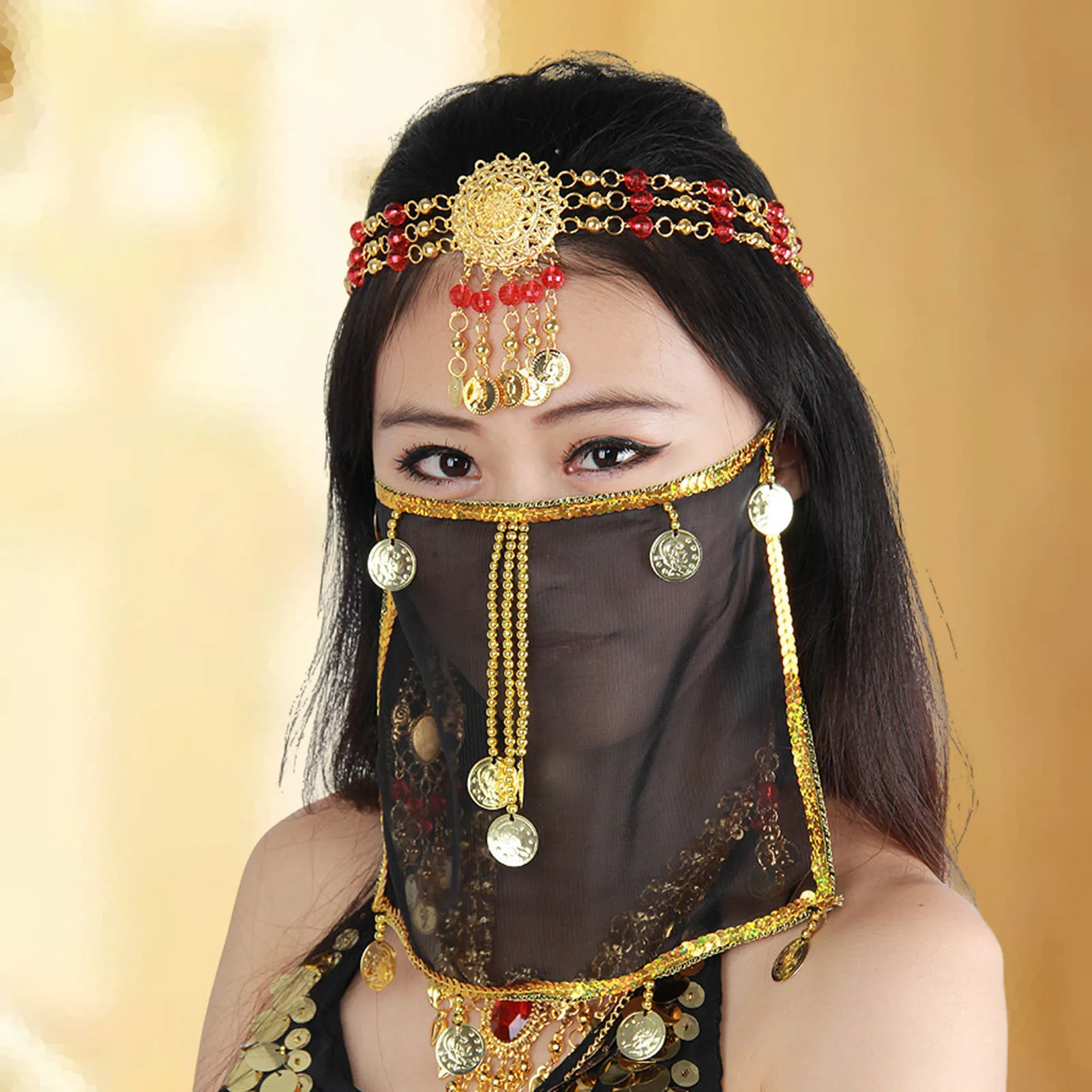 Costumes Mesh Face Veil with Beaded Tassels Sparkling Sequins for Ancient Dance Performance