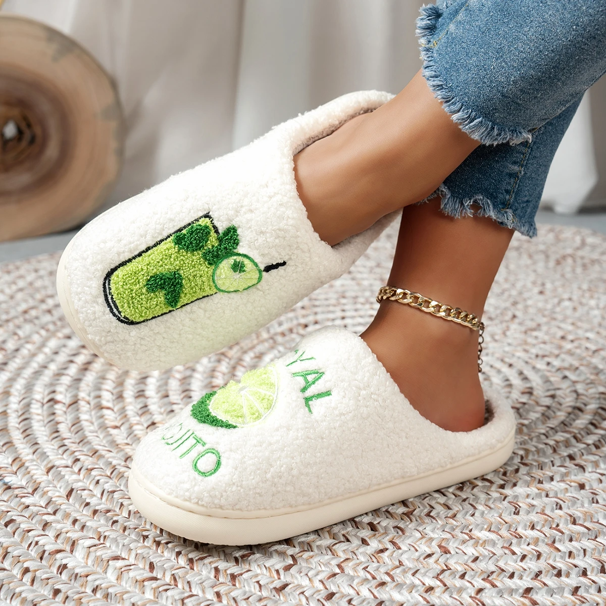 Bedroom Leisure Women's Slippers Royal Mojito Pattern Comfy Warm Bachelorette Party Fuzzy Home Shoes Mom Daughter Winter Gift image 5
