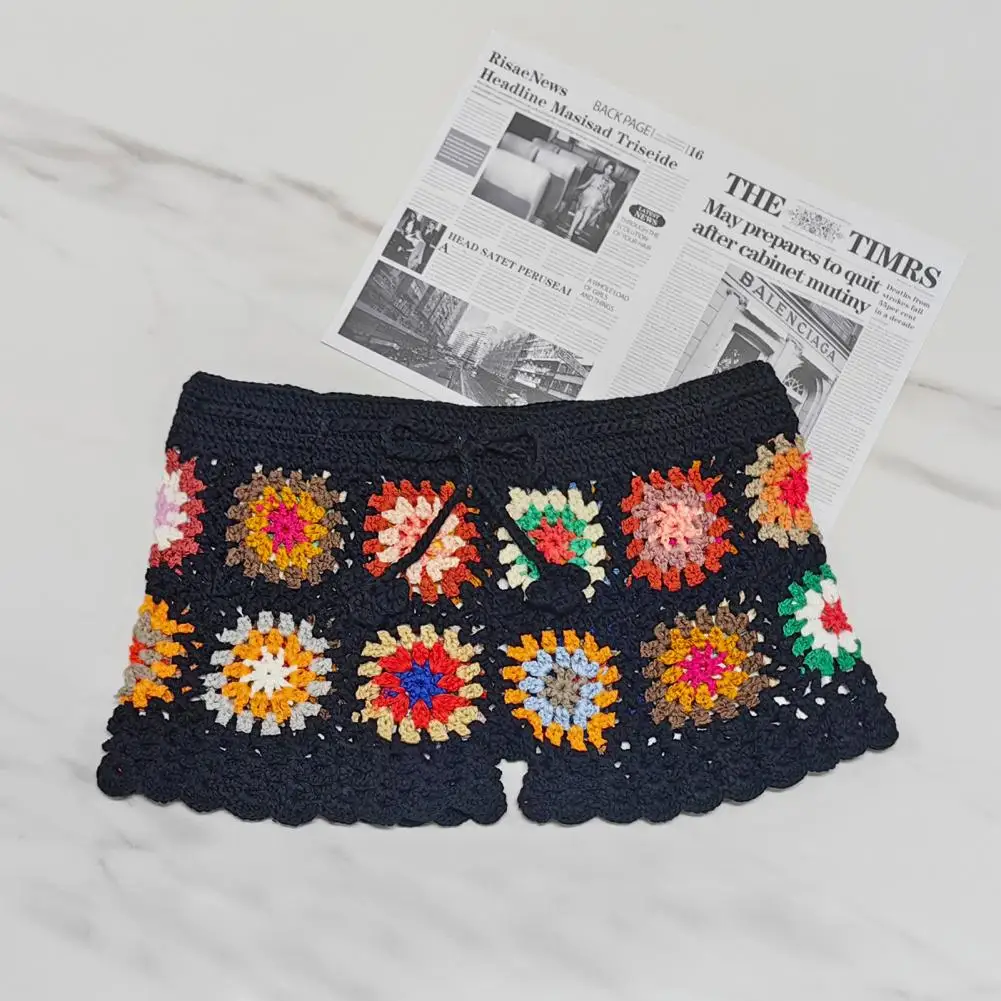 

High Waist Shorts Colorful Print Crochet Beach Shorts Stylish Slim Fit Vacation Bikini Shorts with Drawstring Elastic for Women