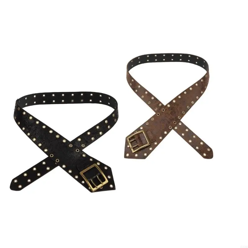 

Wide Waist Belt Gothic Punk Hollow Eyelet Studs Design Faux Leather For Women Men 6XDA