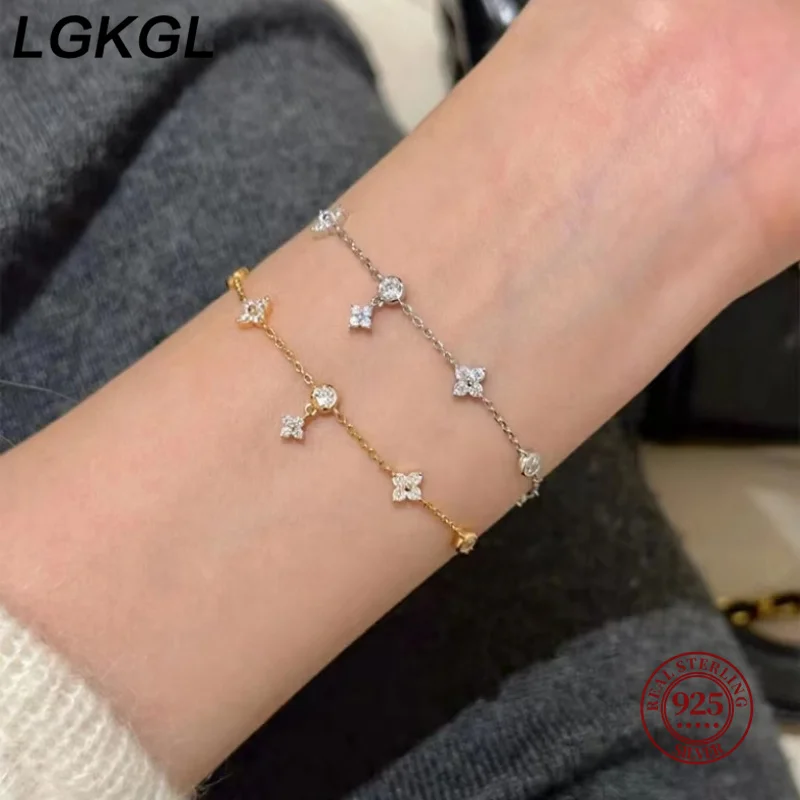 

LGKGL 925 Sterling Silver Plated 18k Gold Shiny Zircon Flower Bracelet for Women Girl Korean Temperament Exquisite Jewelry Gifts