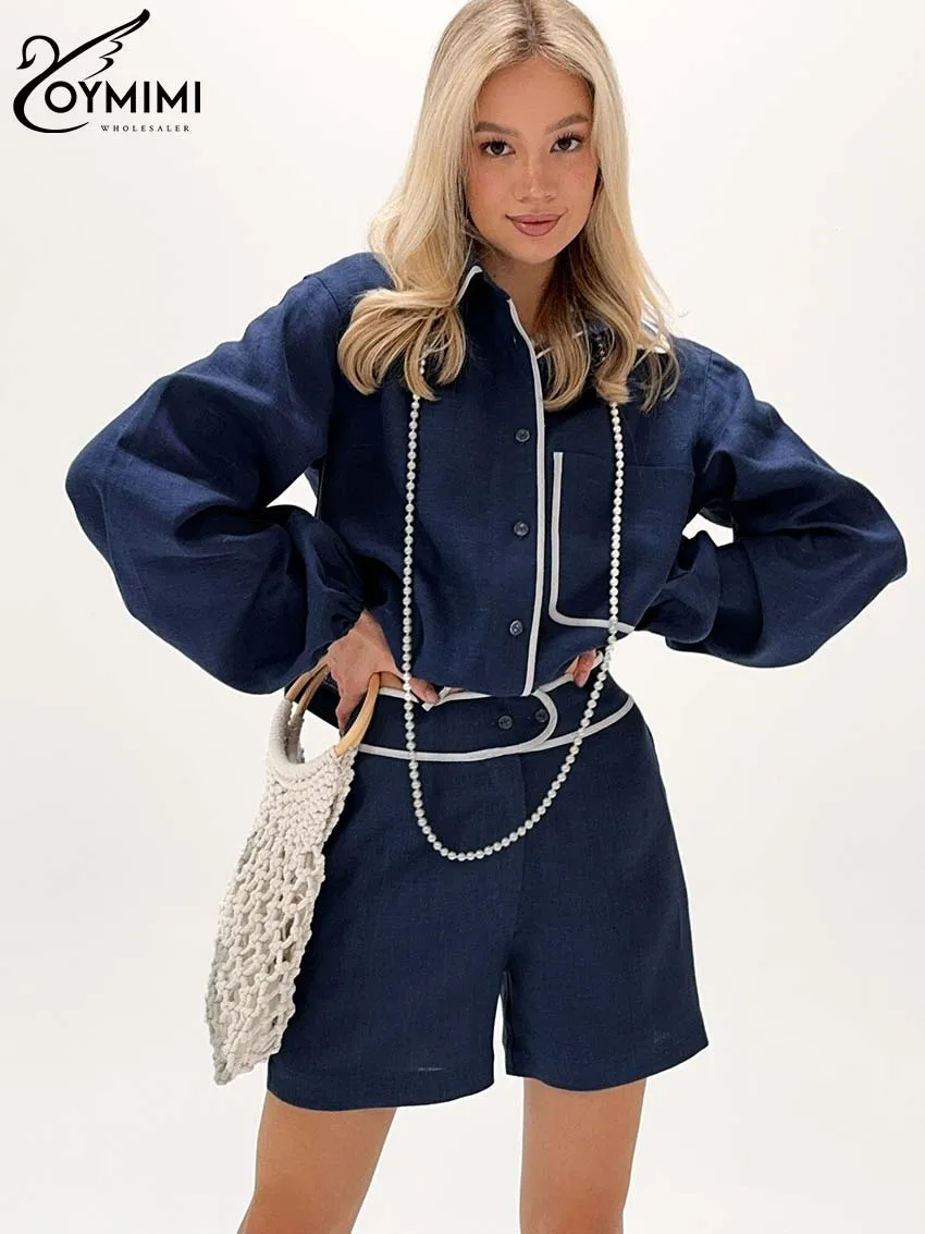 Oymimi Casual Blue Cotton 2 Piece Sets Women Outfit Fashion Long Sleeve Patchwork Pockets Shirts And Button Shorts Female Sets