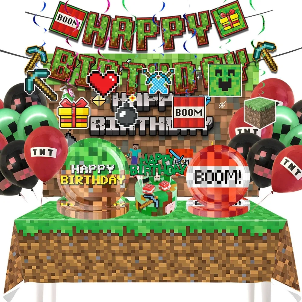 

Minecraft Birthday Party Supplies Tableware Set Pixel Block Plates Cups Banner Decorations for Kids Picnic Dinner Event