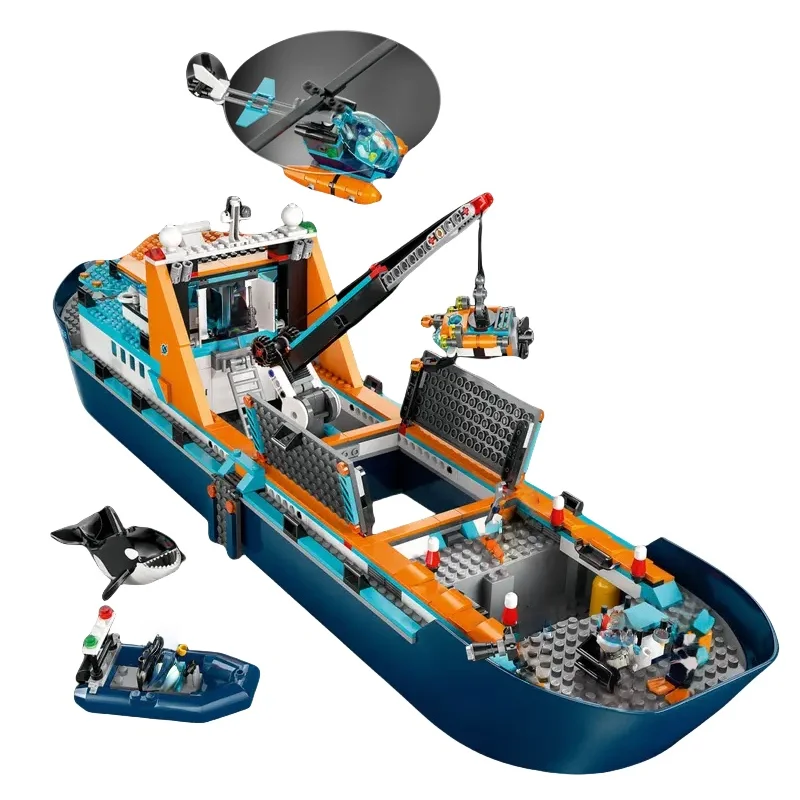 

MOC815 штуки полярных исследований, модель экспедиционного корабля, совместимая с строительными блоками, игрушка, плавающая лодка, вертолет, подарок для мальчика и девочки