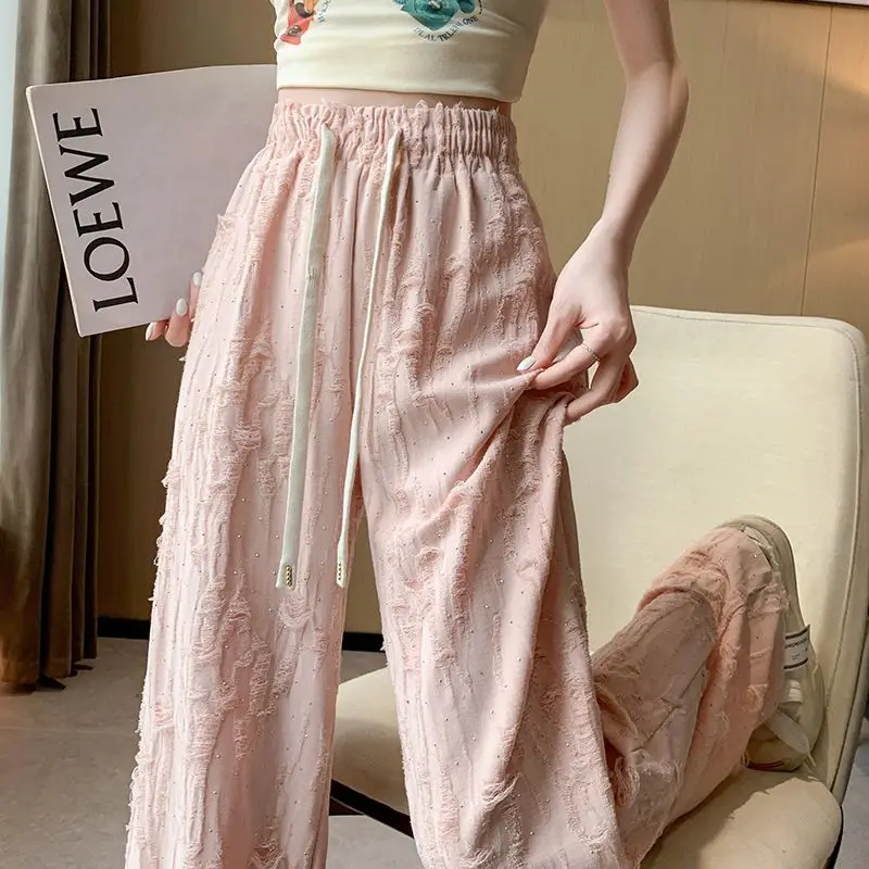 

Design Worn Rhinestone High Waist Casual Pants for Women 2024 Summer New Drawstring Wide Leg Mop Pants Trousers Pants