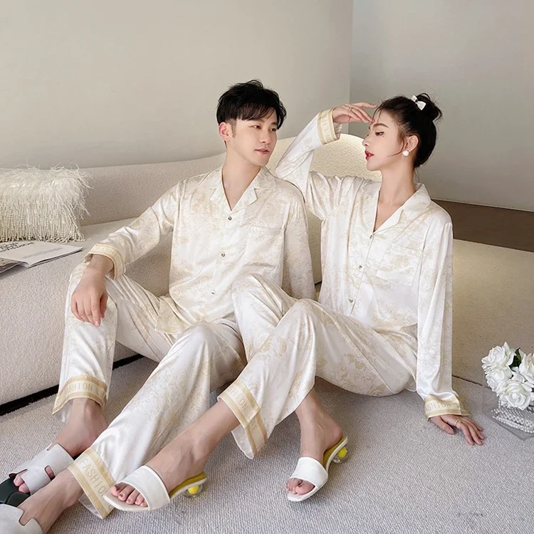 Fashion Home Soft Breathable Long Sleeve Women's Pajamas Sleepwear Couple Pajamas Set with Plaid Pants