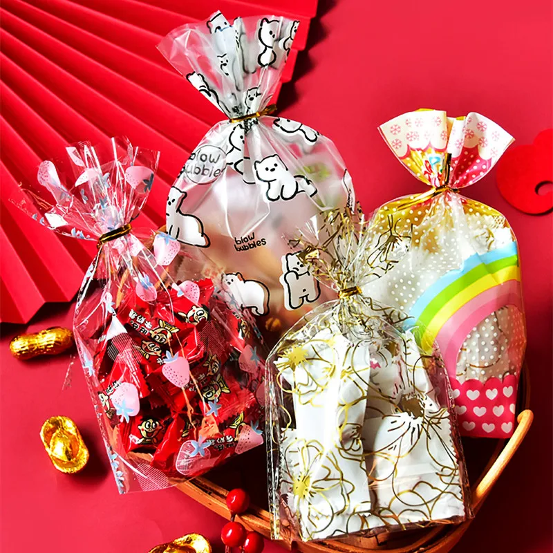 

100PCS Bags + 100pPCS Gold Ties Open Top Plastic Gifts Packaging Bags Xmas Birthday Wedding Snack Sugar Bread Biscuit Pouches