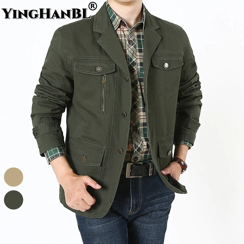 2022 Spring Fall Men Military Blazer Jacket Autumn Casual Cotton Washed Solid Coats Army Bomber Suit Jackets Denim Cargo Trench