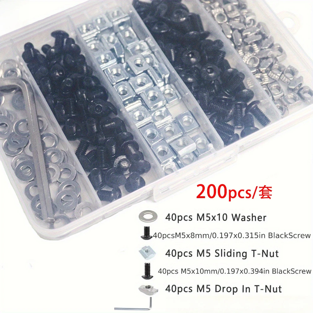 

200pcs Black Bolts Nuts Assortment Kit Carbon Steel Round Head Hex Socket Bolts T-nuts Slider Nuts Washers with Wrenches
