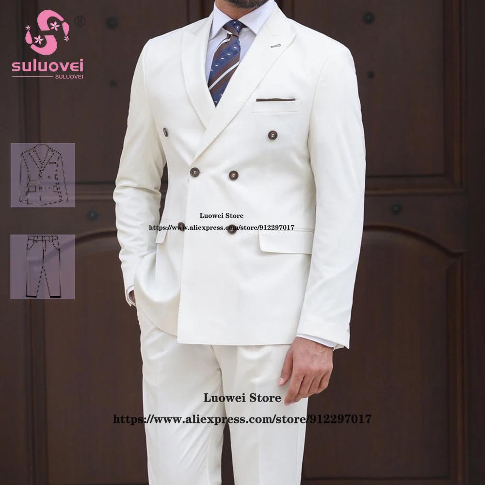 

Fashion White Double Breasted Suit For Men Slim Fit Business 2 Piece Pants Set Formal Groom Wedding Prom Tuxedo Blazer Masculino