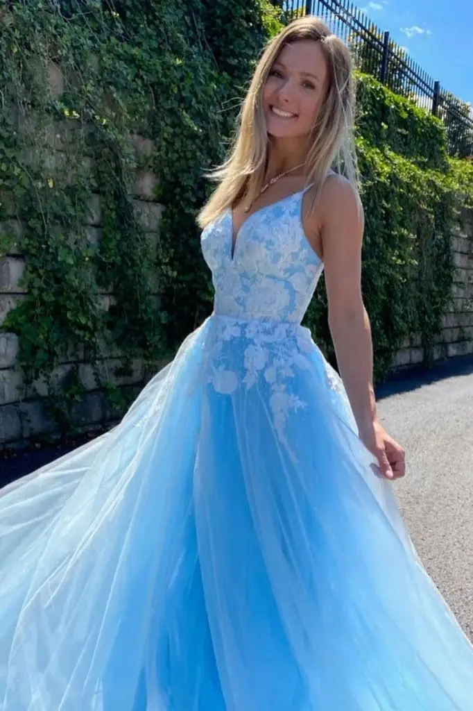 Robe de Rhen dentelle rose bleu ciel avec appliques en tulle, col en V, bretelles spaghetti, ligne A, longue longueur au sol, soirée formelle, quoi que ce soit, 2024