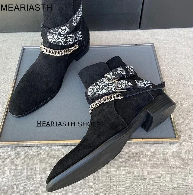 meariasth Stivali Chelsea fatti a mano da uomo Scarpe casual con punta a punta Stivali da moto Stivali da cowboy corti da sposa in pelle scamosciata maschile