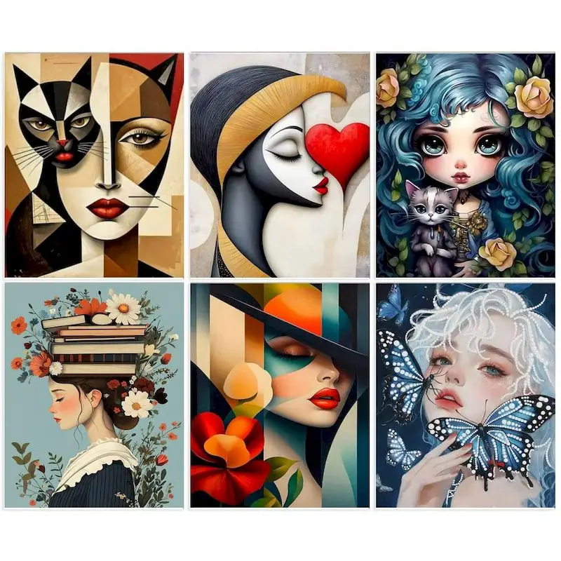 

GATYZTORY Abstract Painting By Number Kits For Adults Portrait Handpainted DIY Coloring By Number Butterfly Cat Girl On Canvas H