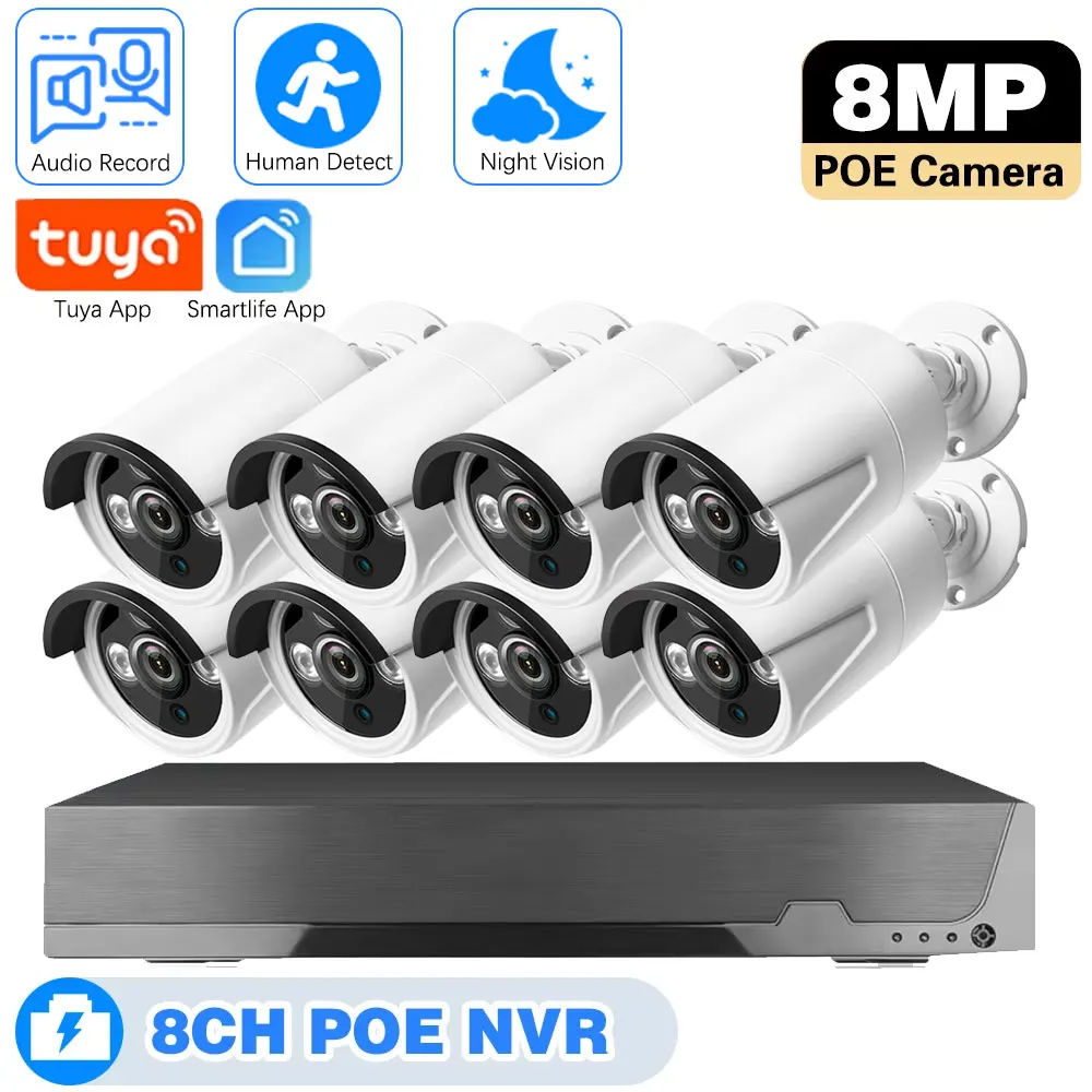 

8-мегапиксельная камера безопасности POE, 8-канальная 4K NVR система обнаружения движения, CCTV, аудиозапись, IP66, водонепроницаемый комплект защиты наблюдения Tuya
