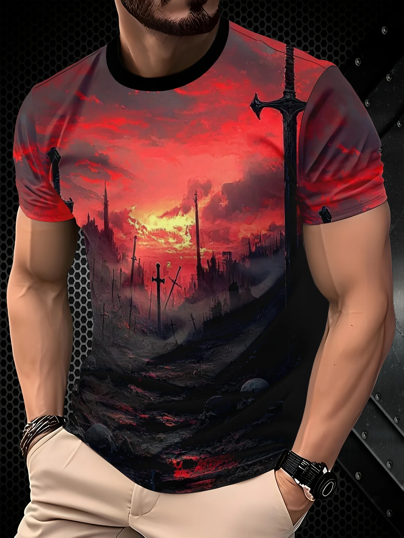 Men's Crew Neck Tee 3D Red Sunset Battlefield Cross Sword Skull Dark Scenery Print Gothic Casual Tops