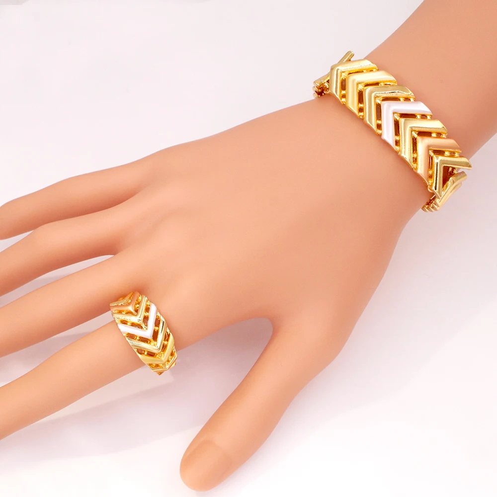 GZJPEI Tricolor-Schmuckset für nigerianische Braut, Hochzeitsgeschenk, hochwertig, 18 Karat vergoldet, große Halskette, Armband, Ohrring