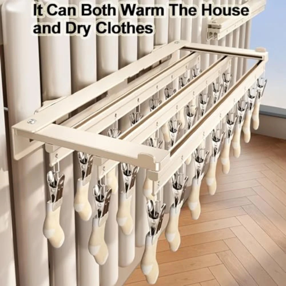 18-Clip Foldable Radiator Rack Space Saving Socks & Underwear Dryer Radiator Drying Rack For Heater Cream White Drying Station