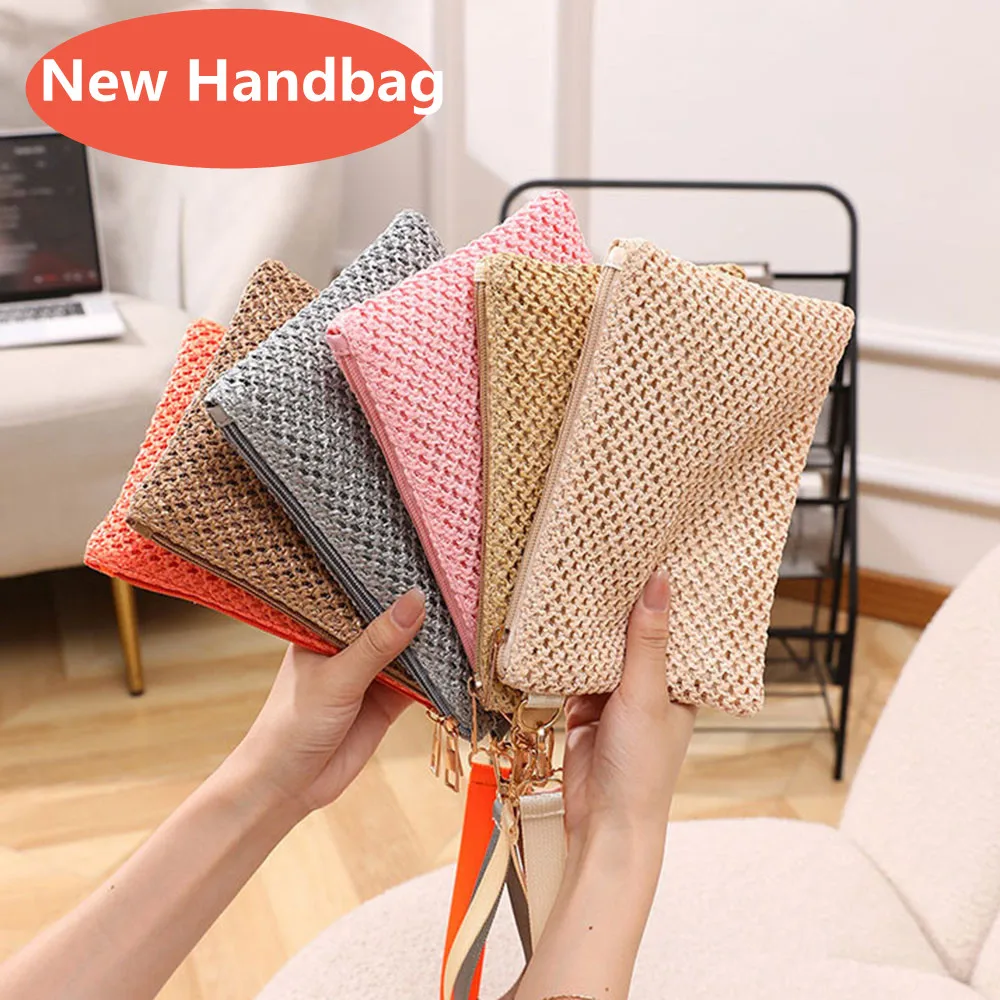 New Simple Straw Woven Handbag Weaving Coin Purse Bag Solid Womens Wallet Braided Bag Wrist Strap Vintage Fashion Hollow Out