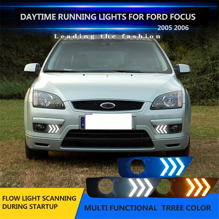 One Pair Car DRL Light For Ford Focus 2005 2006 LED Daytime Running Lights Fog Lamp With Yellow Turn Signal Cars Accessories