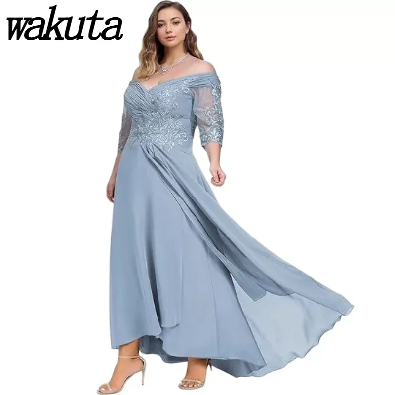 Wakuta A Line Mother of The Bride Dresses Lace Pleated Tea Length Plus Size Wedding Formal Gowns 3/4 Sleeve V Neck Evening Dress