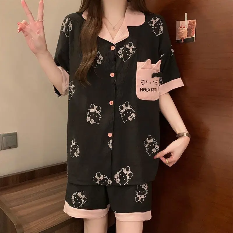 

Женский летний комплект пижамы с коротким рукавом и шортами, в корейском стиле, милый, с отложным воротником, широкий кардиган, домашняя одежда, мягкий комплект из двух предметов