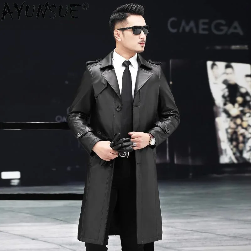 

AYUNSUE Long Natural Sheepskin Coat Genuine Leather Jacket Men Clothing Windbreaker Trench Chaquetas Hombre KJ6764