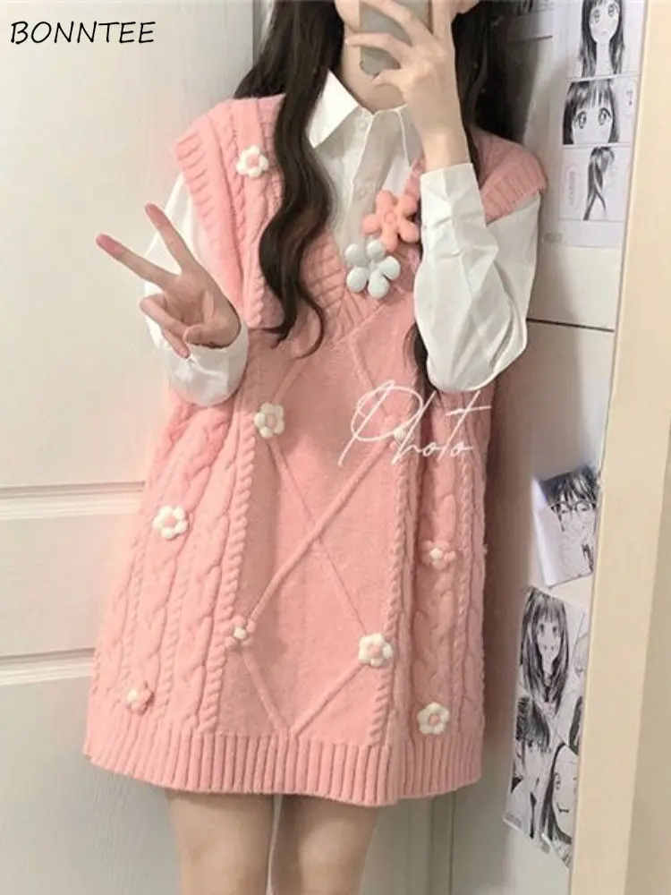 Sweater Vest Women Spring Knitting Sweet Lovely Floral V-neck Students Chic Popular All-match Korean Style Newly Hot Sale