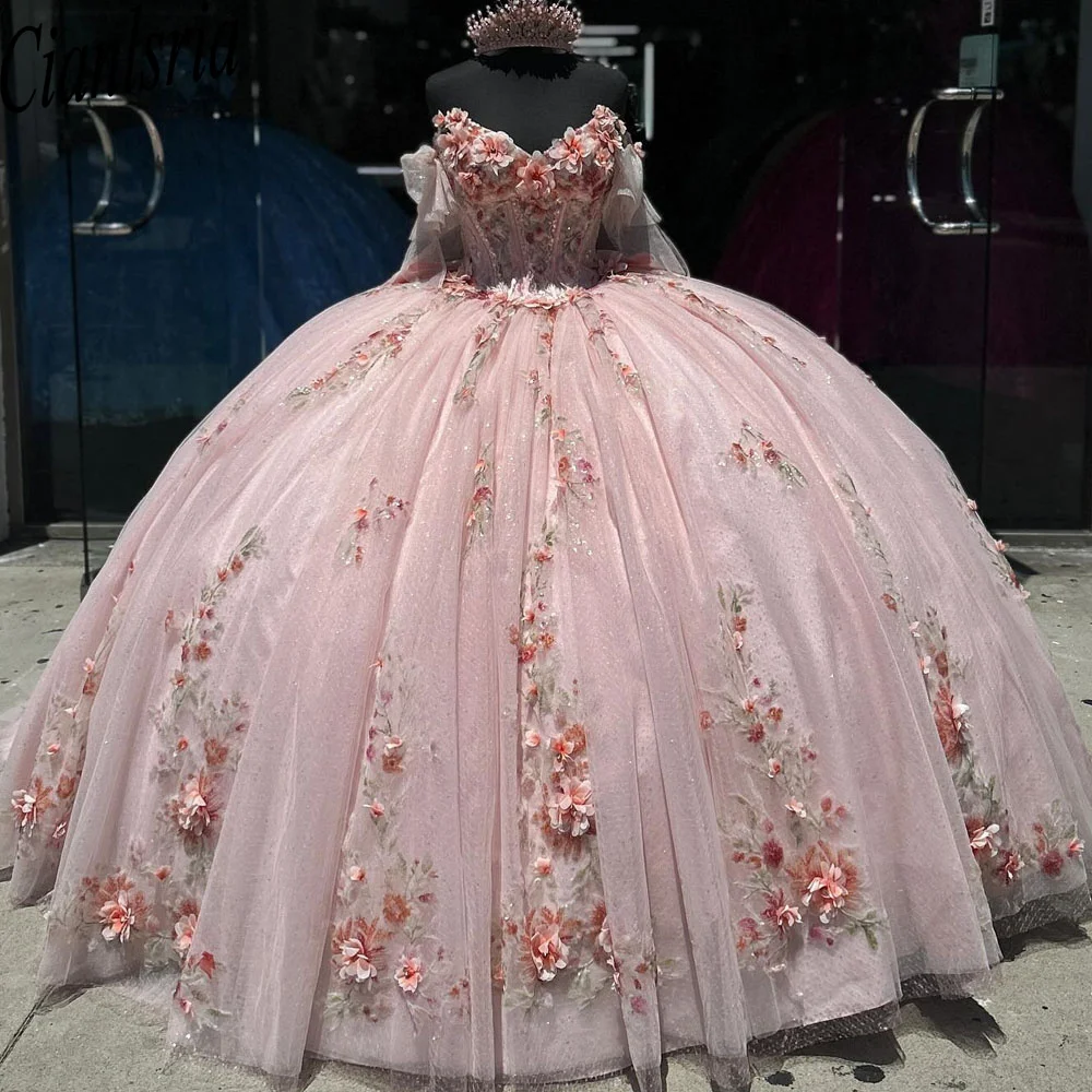 

2024 мексиканское розовое платье для Quinceanera, бальное платье принцессы с бантом, бисером и 3D цветами, милое платье 16 лет