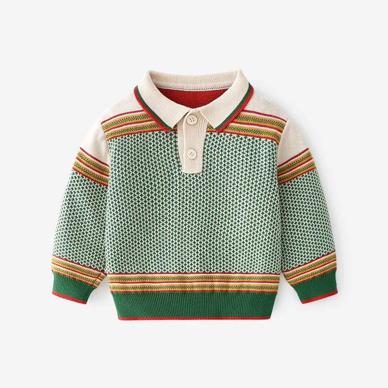 Autumn Winter Children Boys Polo Shirts Striped Patched Thickened Kid Baby Boys Pullover Cotton Elaist Hem Little Boys Sweater