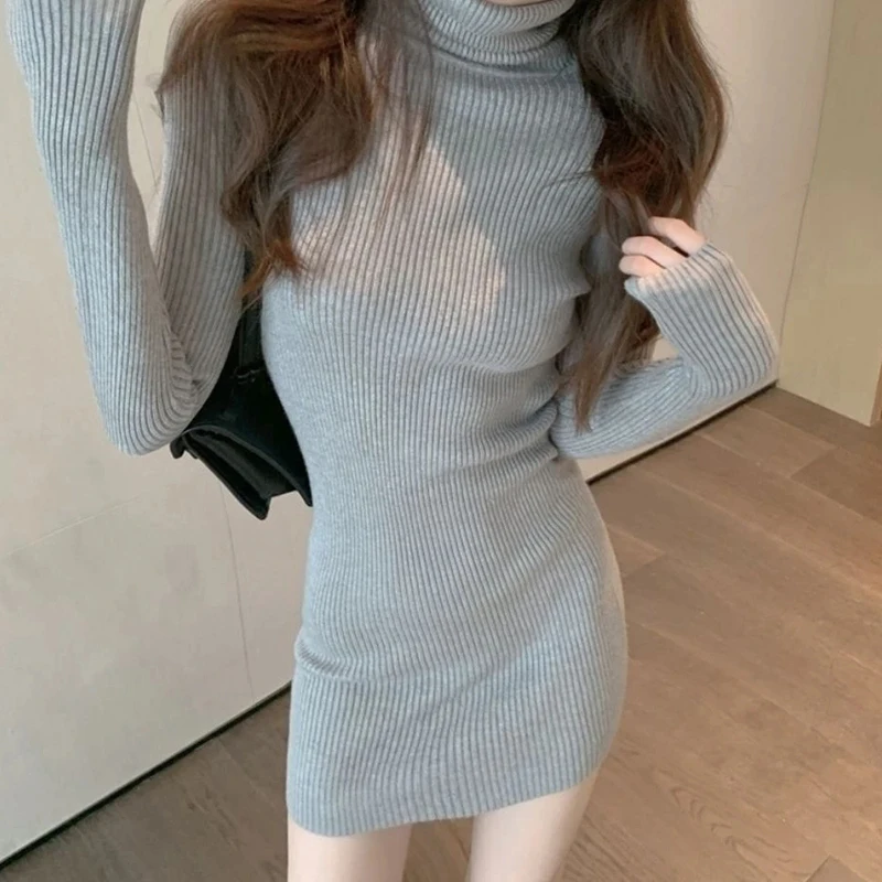 HELIAR Women Autumn Turtleneck Thicken Warm Bodycon Dress Long Sleeve Knit Solid Office Pullover Dress For Women 2024 Winter